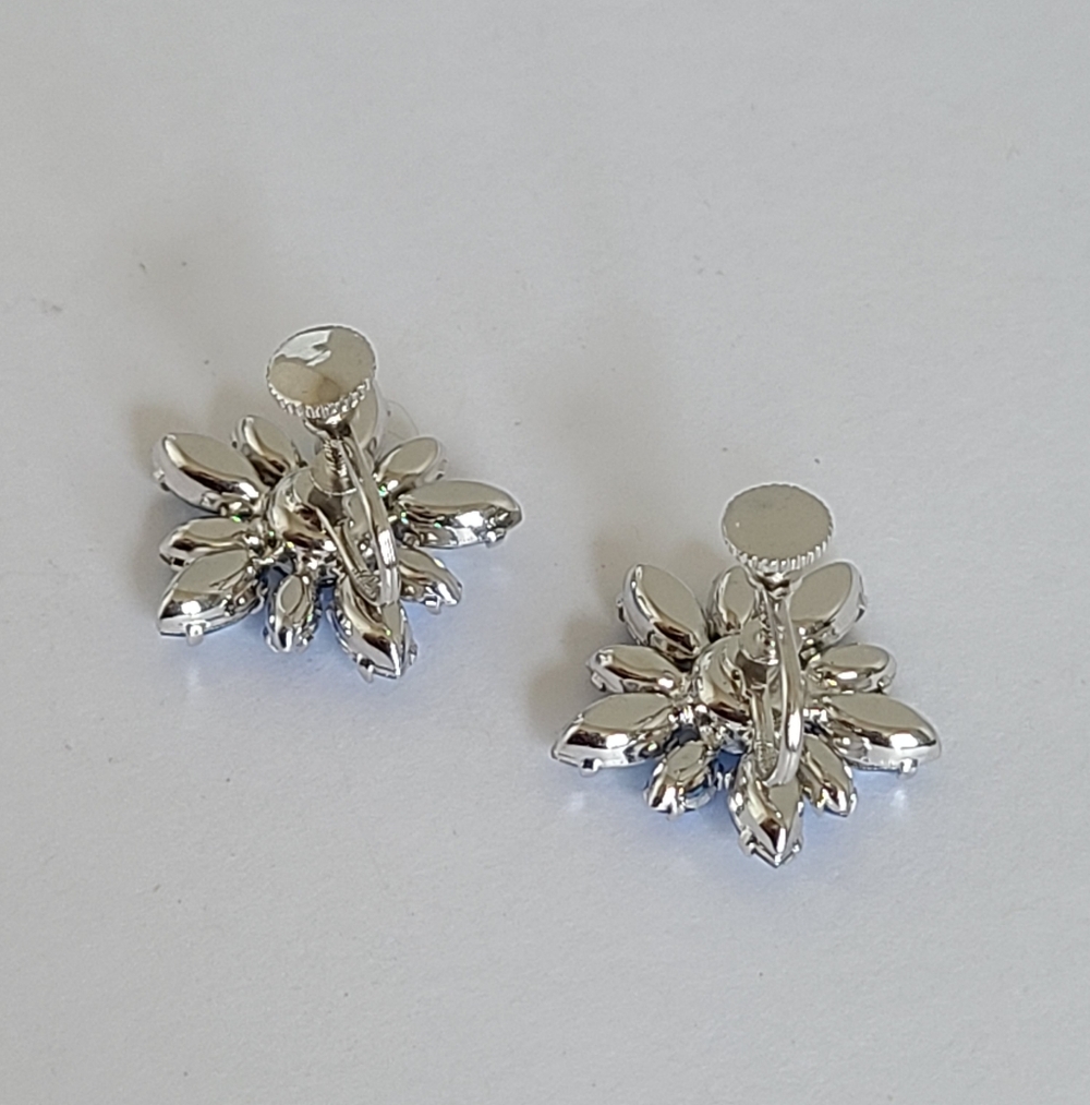 Vintage Jay Flex Sterling Silver Blue Rhinestone Flower Screw Back Stud Earrings - Picture 10 of 15